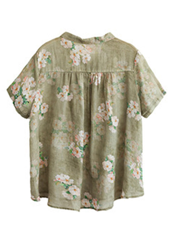 Peter Pan Collar Print Button Low High Design Linen Shirts Short Sleeve