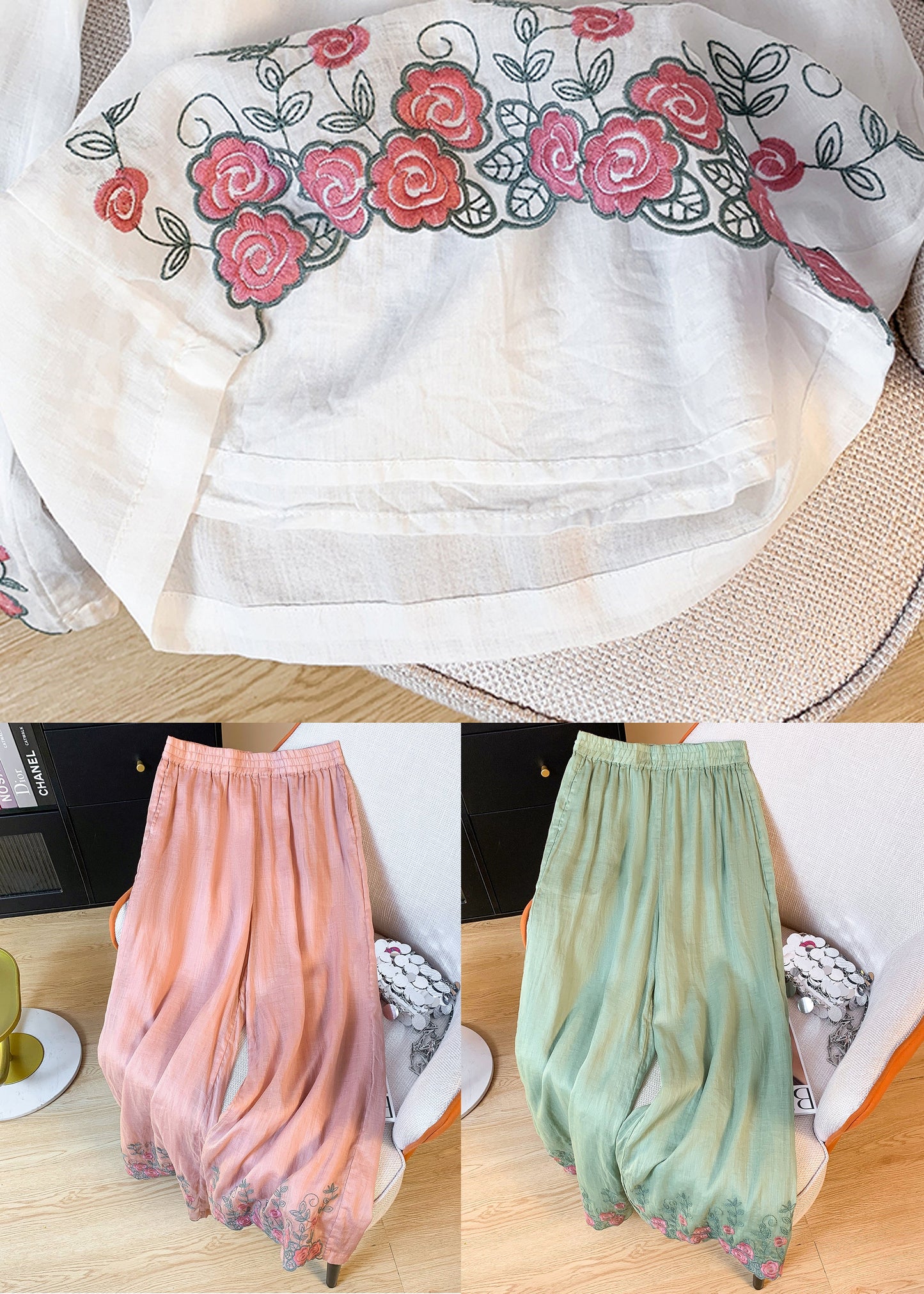 Pink Embroidered Elastic Waist Linen Wide Leg Pants Summer