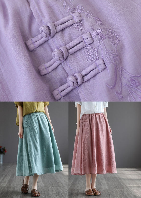 Pink Embroideried Chinese Button Linen Skirts Spring