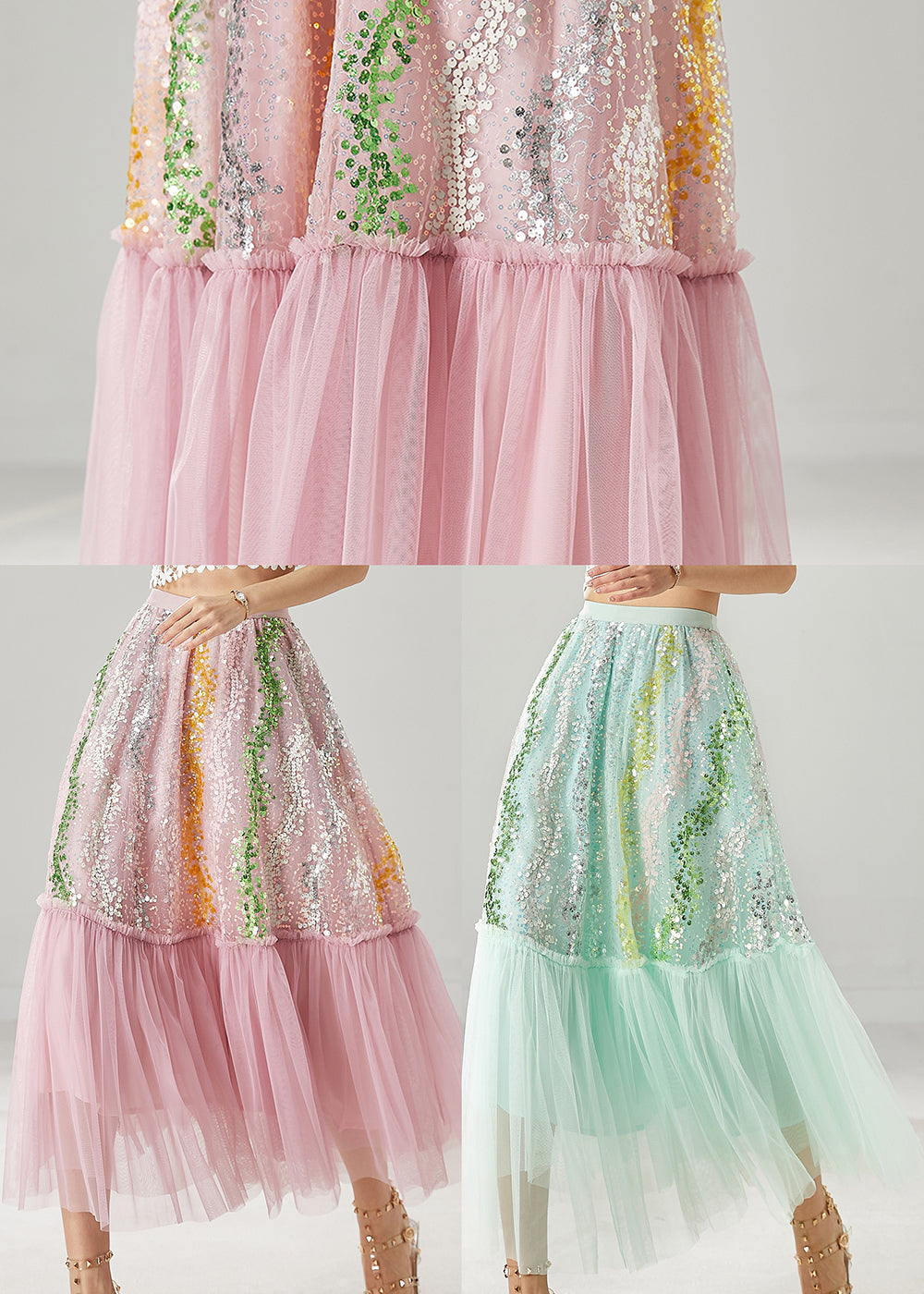 Pink Sequins Patchwork Tulle Skirts Spring