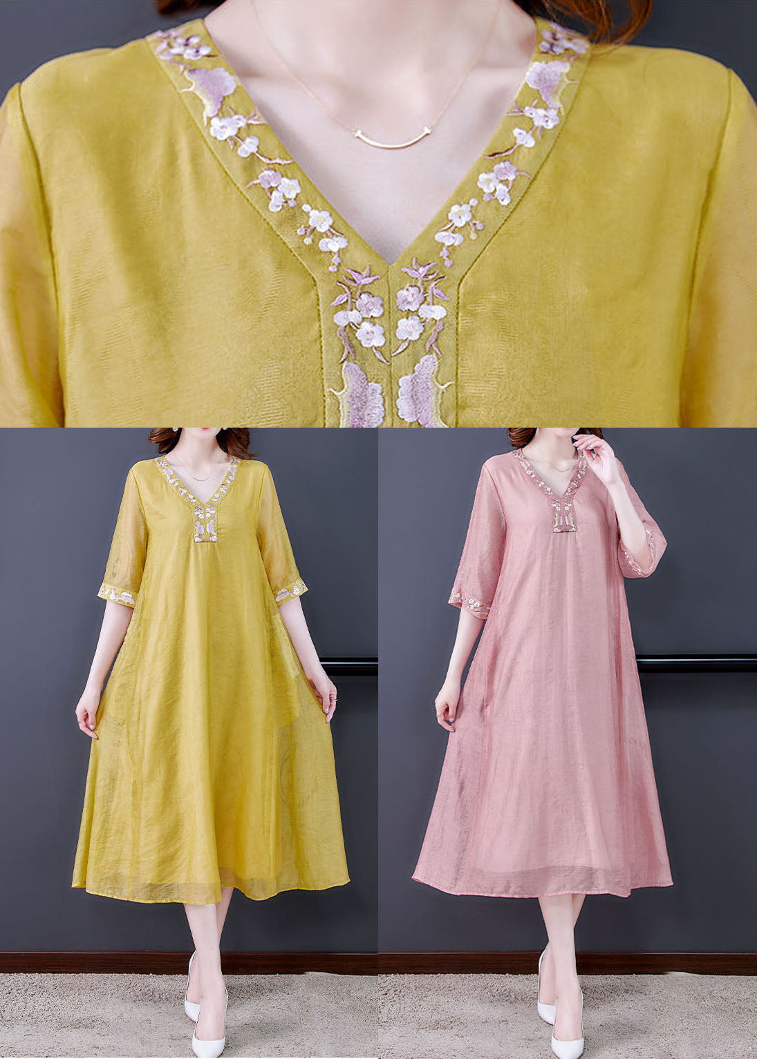 Pink V Neck Embroideried Cotton Vacation Dresses Summer