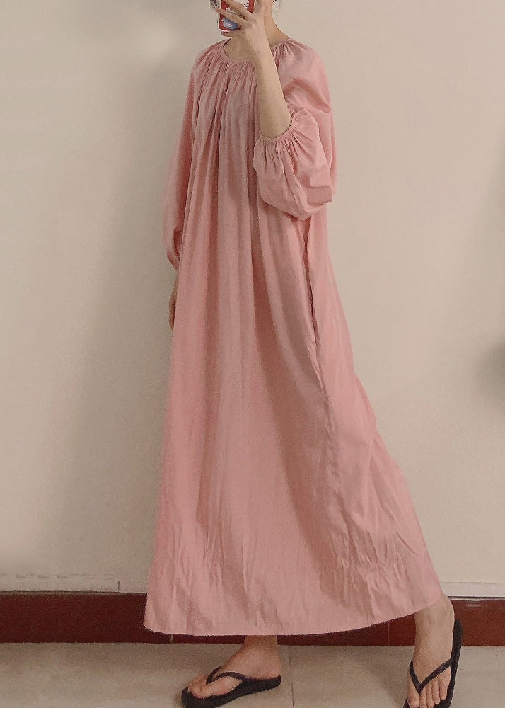 Pink Wrinkled Pockets Maxi Dress Long Sleeve