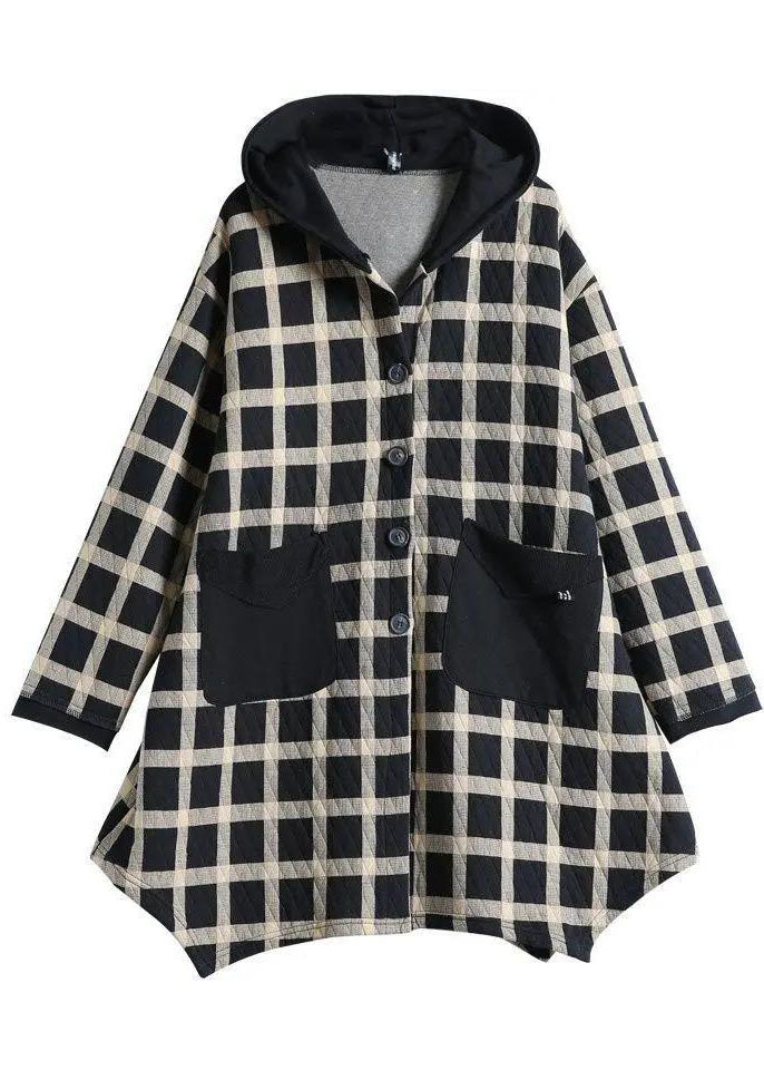 Plaid Pockets Button Fall Thick Hoodies Outwear Long Sleeve
