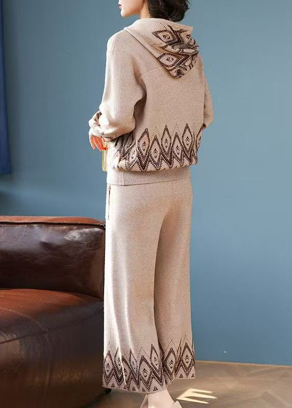 Print Patchwork Cotton Knit Hooded Coats and Wide Leg Pants Two Pieces Set Spring