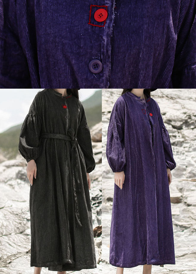Purple Embroideried Pockets Corduroy Dress Spring