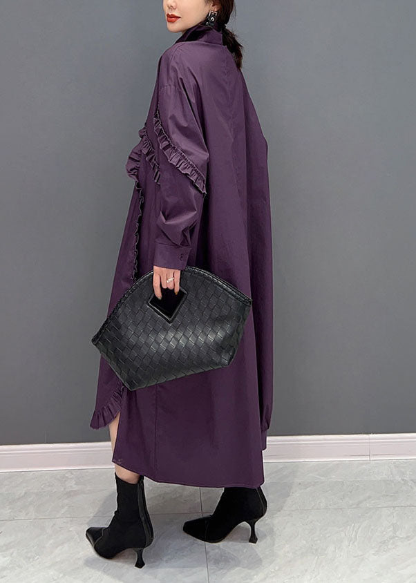 Purple Peter Pan Collar Ruffled Cotton Long Dress Spring