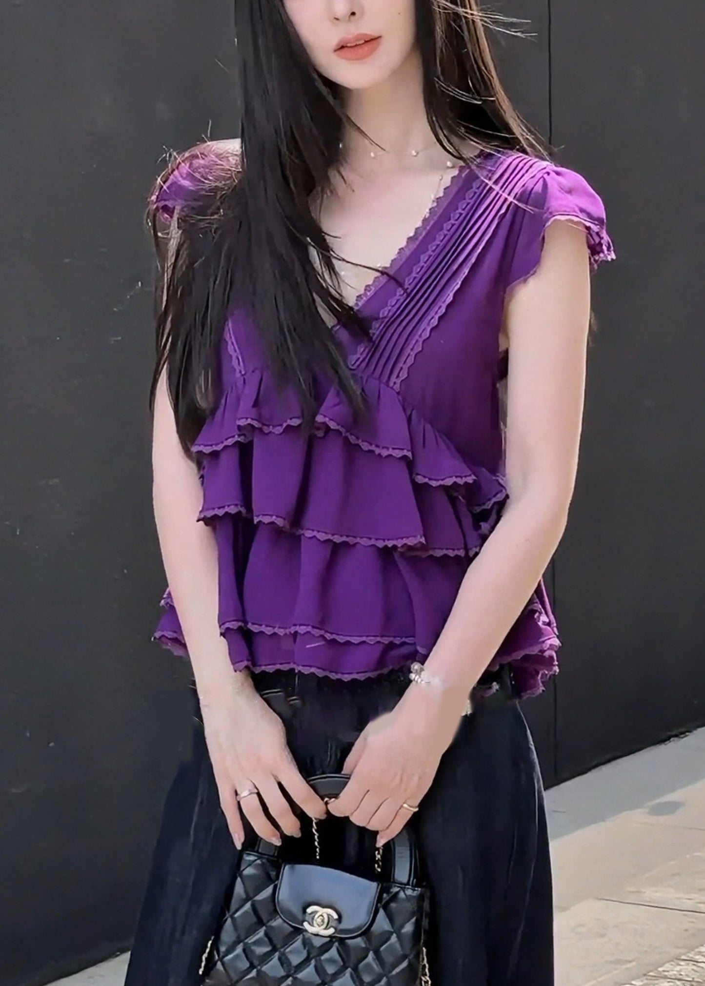 Purple V Neck Lace Layered Cotton T Shirt Summer