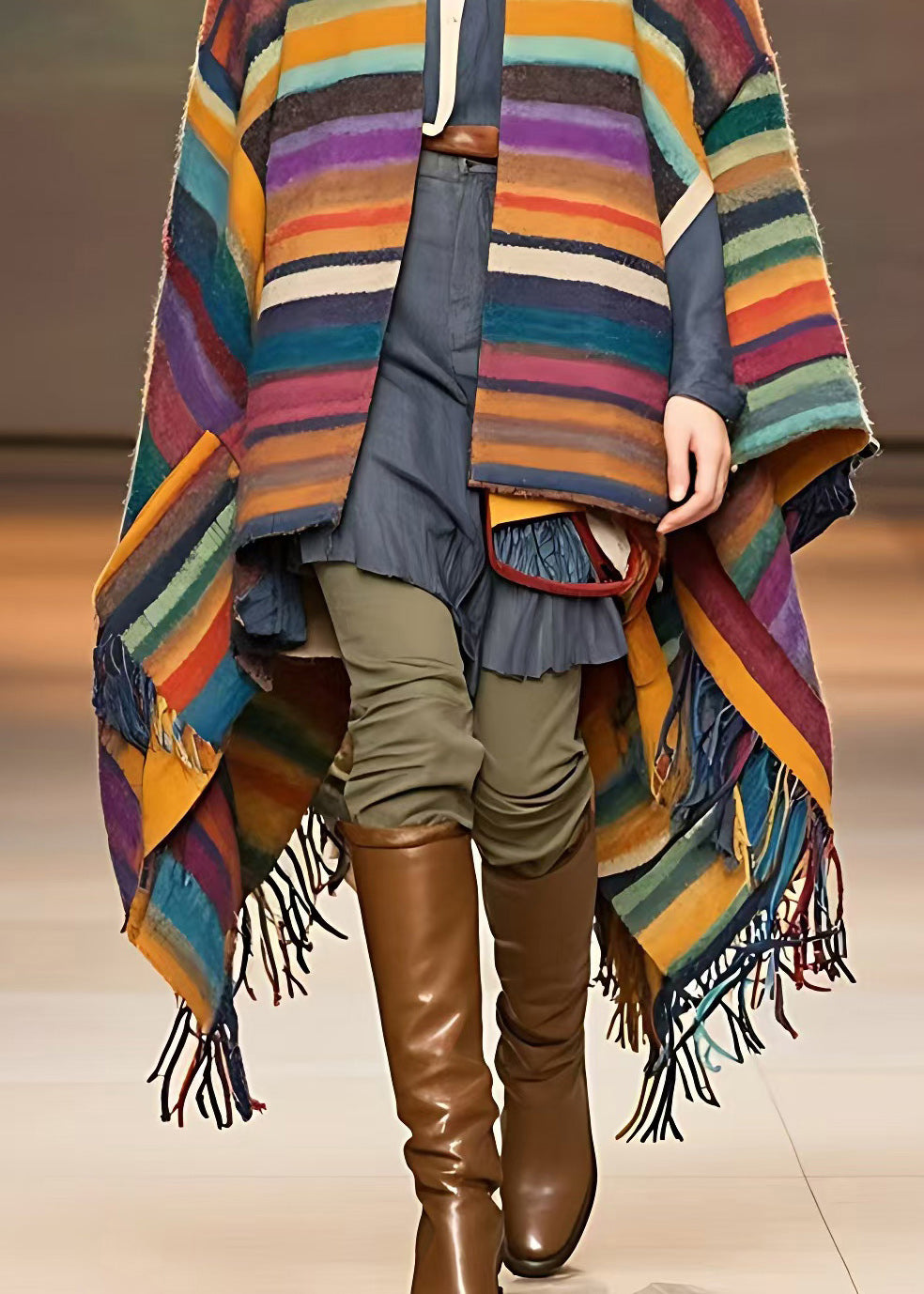 Rainbow Striped Low High Design Tassel Woolen Coats Long Sleeve