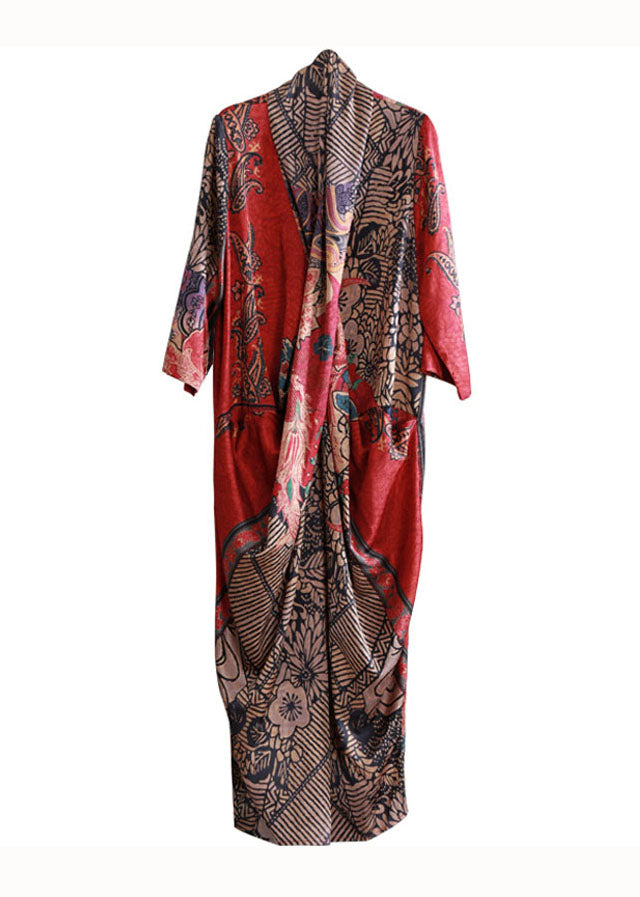 Red Asymmetrical Pockets Print Patchwork Silk Long Dress Summer