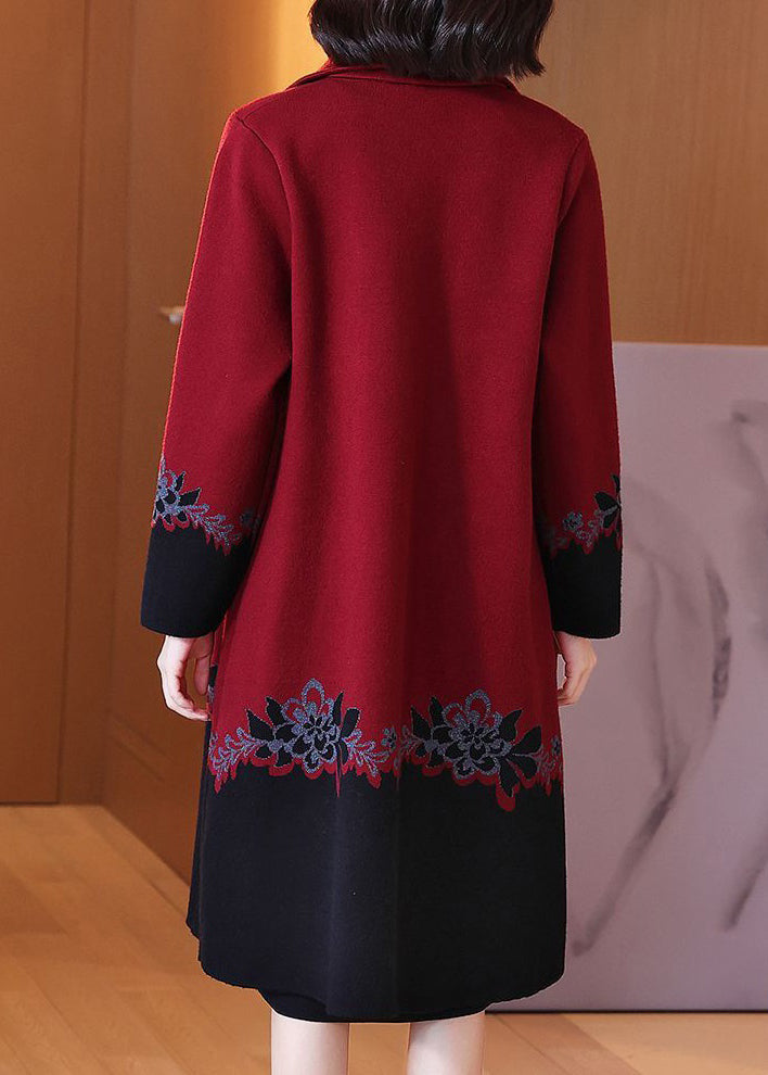 Red Button Print Patchwork Cotton Knit Coats Long Sleeve