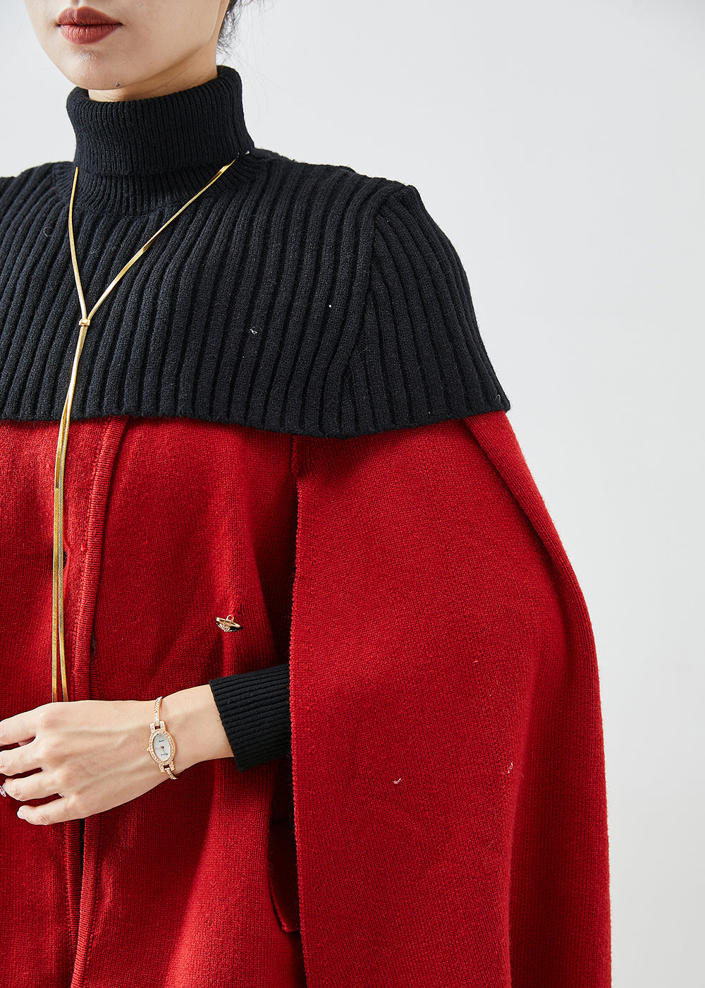 Red High Neck Knit Patchwork Woolen Coats Cloak Sleeves