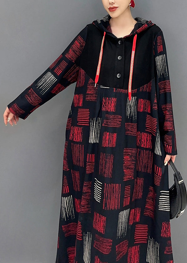 Red Hooded Plaid Patchwork Cotton Long Dress Fall