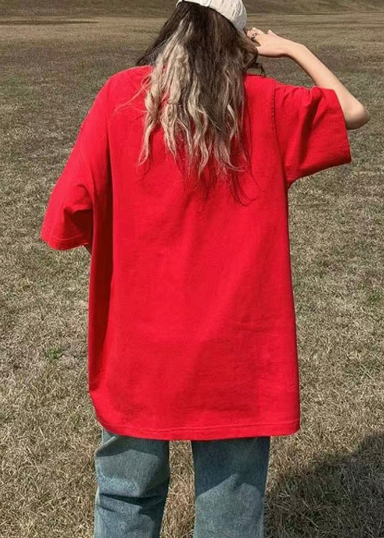 Red O Neck Print Patchwork Cotton T Shirt Summer