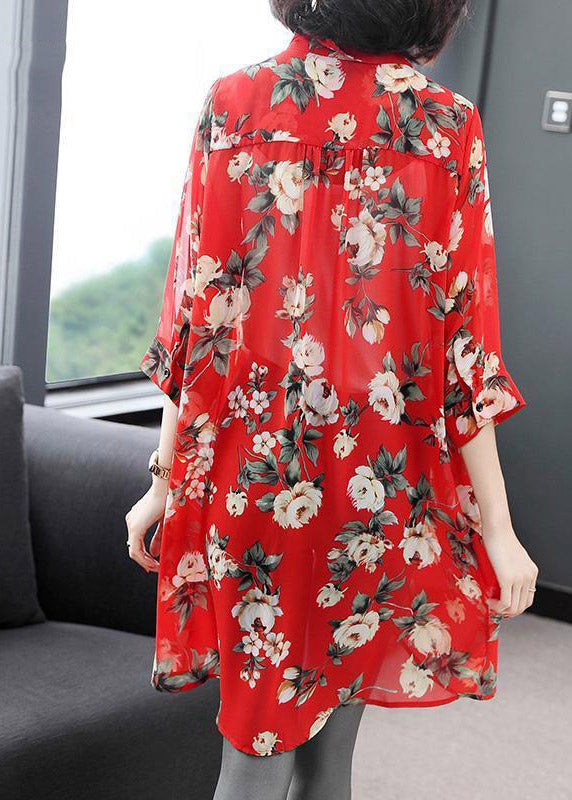 Red Peter Pan Collar Button Print Chiffon Shirt Half Sleeve