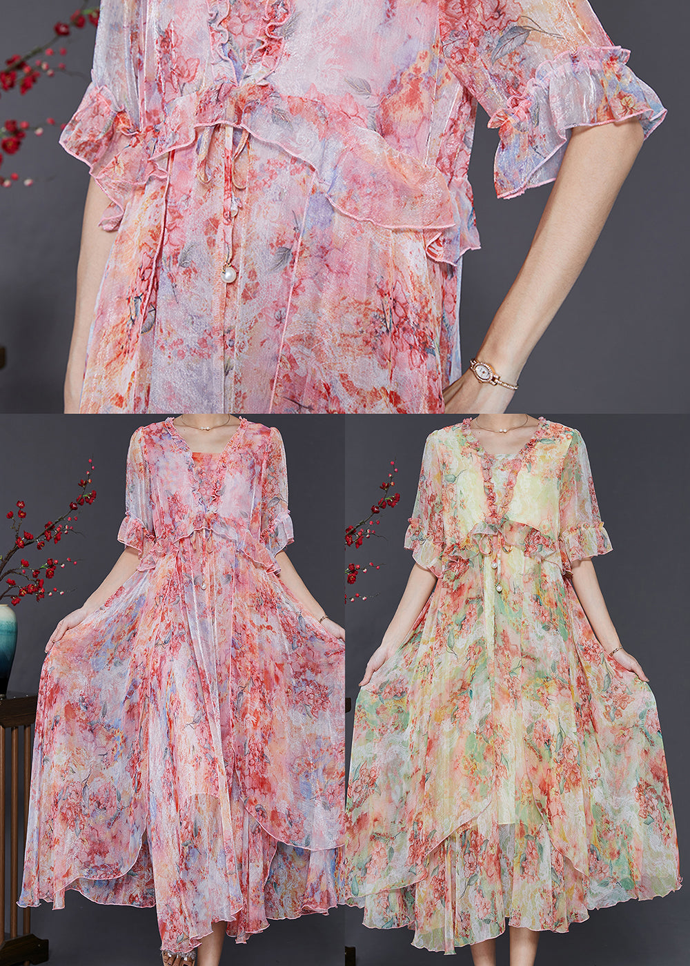 Red Ruffled Tie Dye Chiffon Robe Dresses Summer