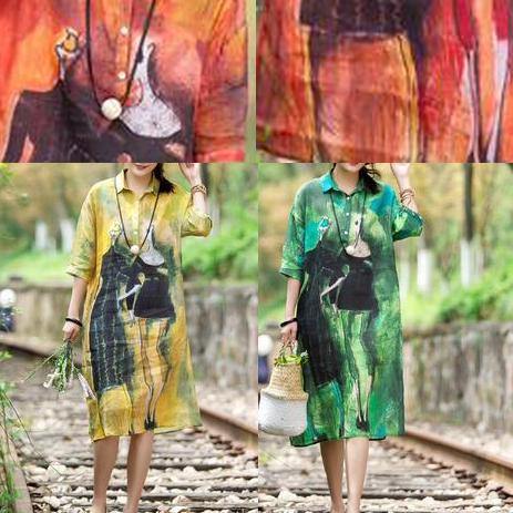 Red Summer Organic Linen Robes Korea Printed Dress