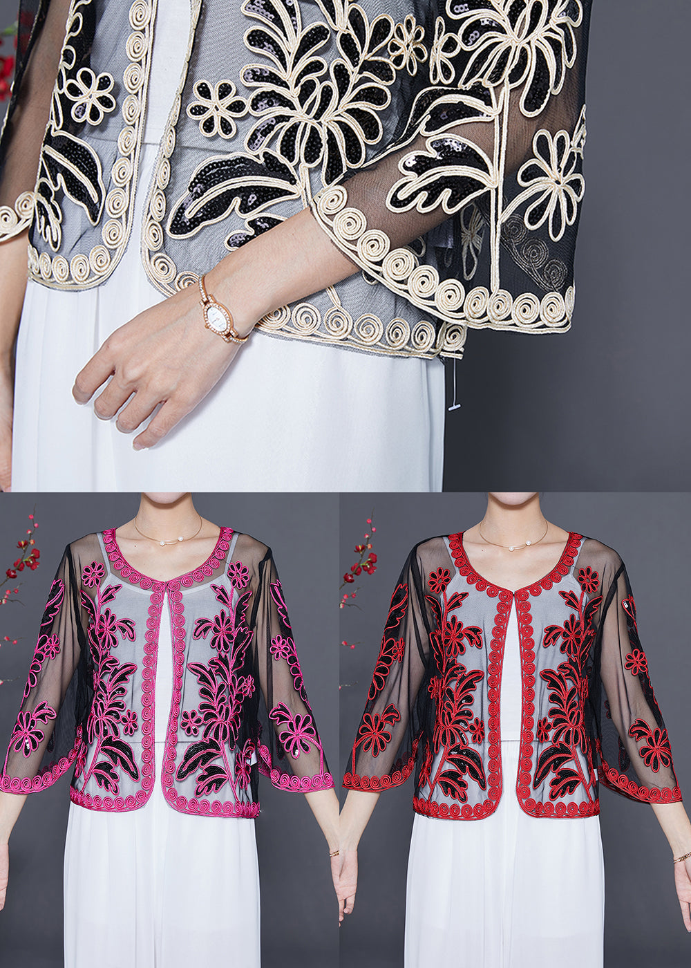 Rose Sequins Hollow Out Tulle Cardigan Summer