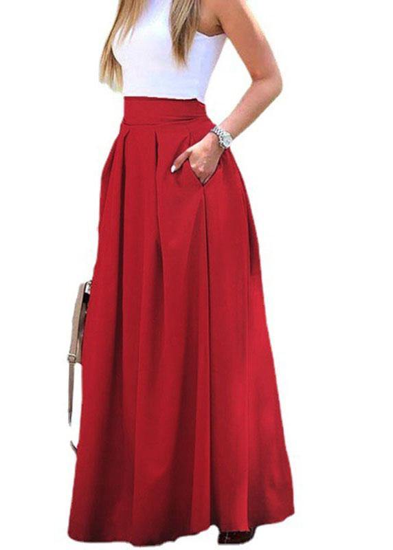 Color High Waist Big Swing Zipper Loose Long Skirt With Pocket
