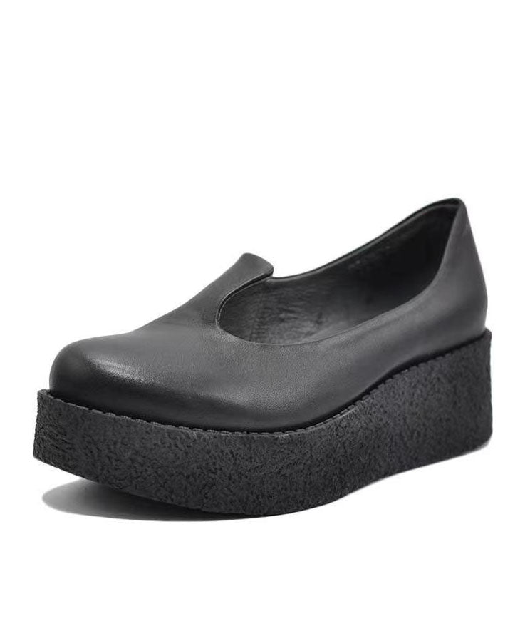 Splicing Platform Heels Blackish Green Cowhide Leather