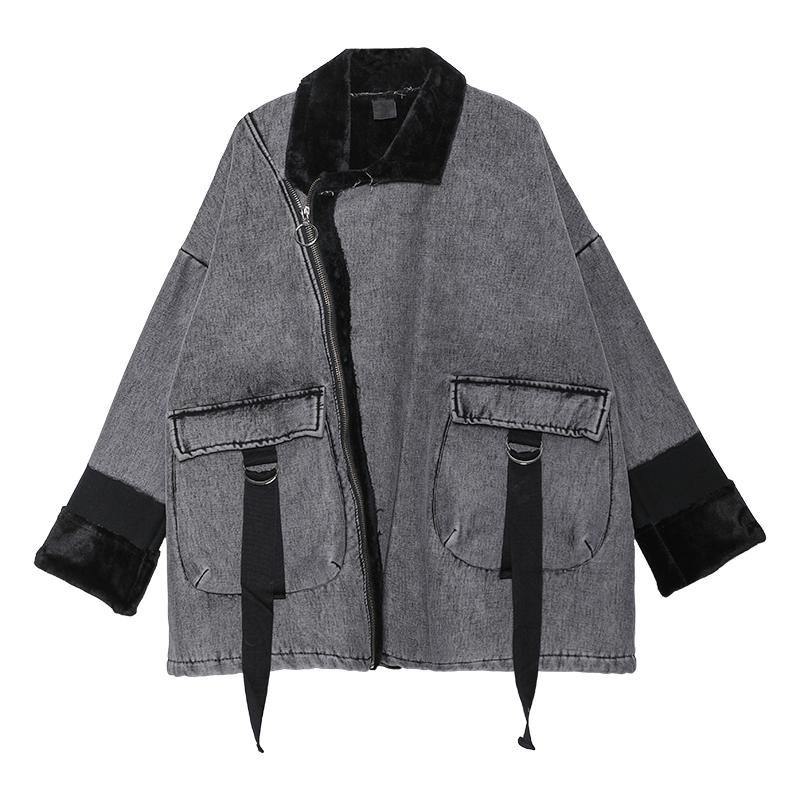 Square Collar Zippered Fine Tunic Coats Gray Jackets