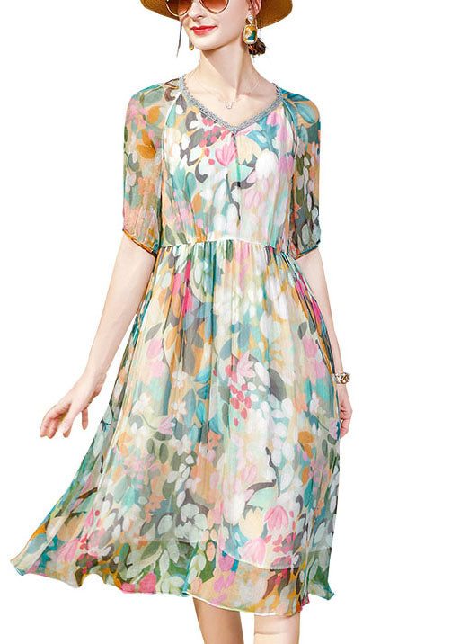 V Neck Multi Print Wrinkled Layered Chiffon Mid Dress Short Sleeve