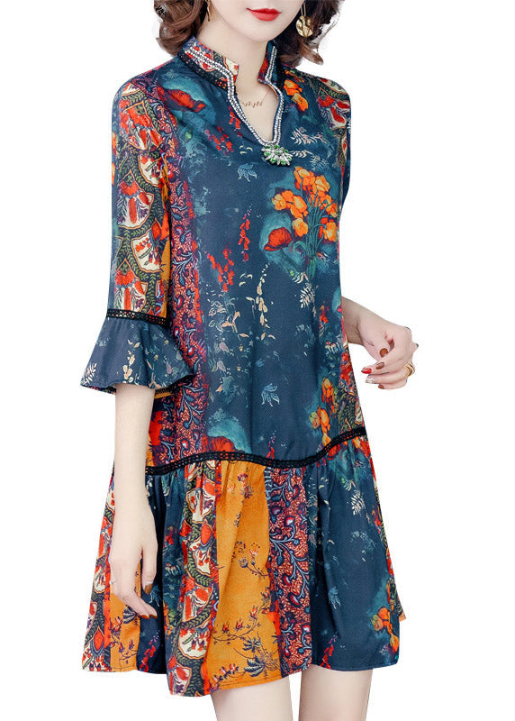 V Neck Print Patchwork Chiffon Mid Dresses Summer