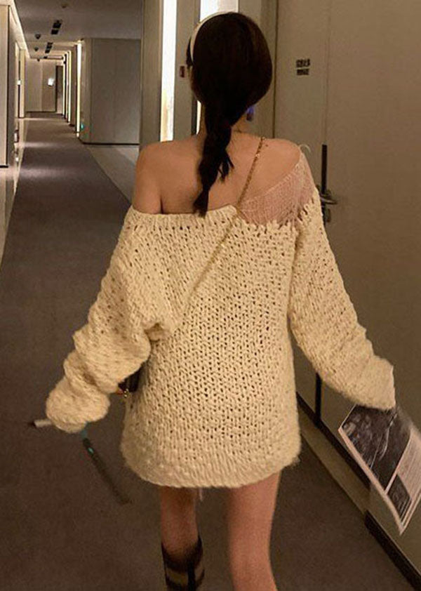 White Cold Shoulder Hollow Out Knit Sweater Tops Spring