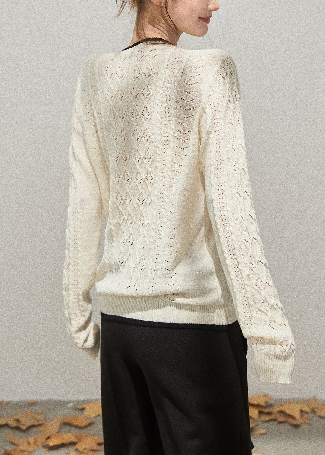 White Hollow Out Side Open Knit Tops Fall