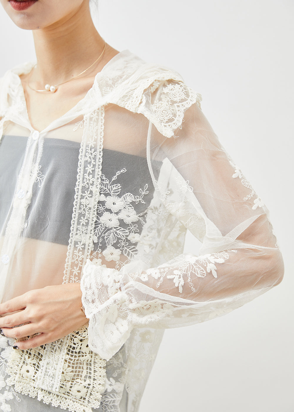 White Hooded Embroideried Patchwork Tulle Upf 50+ Coats Fall