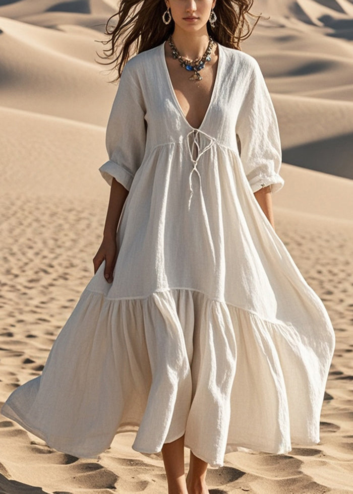 White Oversized Lace Up Cotton Robe Dresses Spring