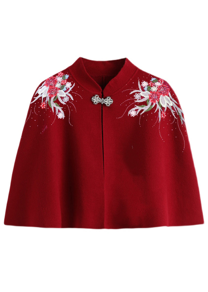 Wine Red Stand Collar Embroideried Patchwork Woolen Coats Fall