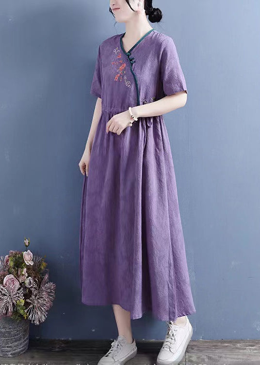 Yellow Embroidered Lace Up Linen Dresses Summer