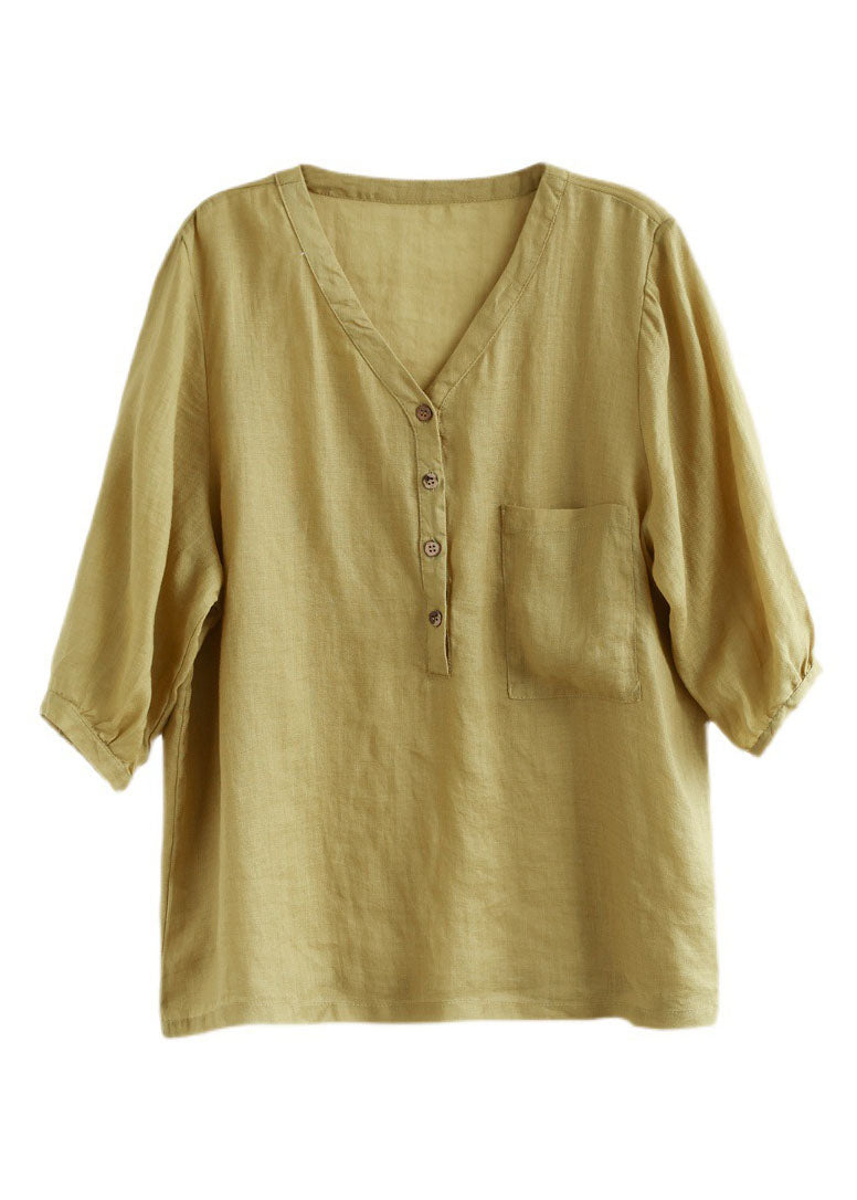 Yellow Green V Neck Button Color Linen Shirts Bracelet Sleeve