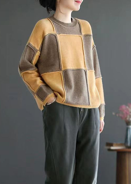 Yellow O-neck Patchwork Knit Top Long Sleeve