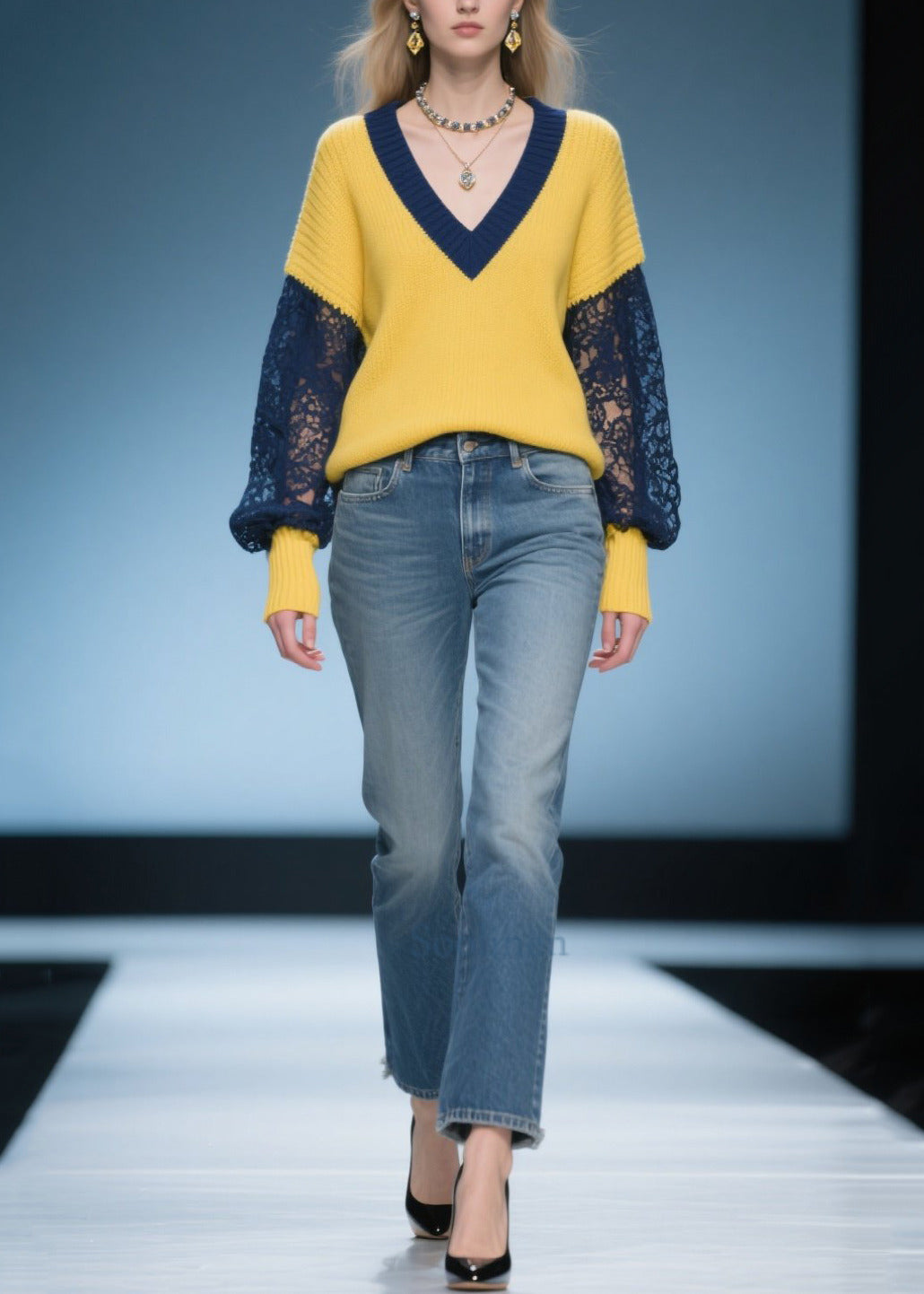 Yellow Oversized Patchwork Lace Sweaters Fall