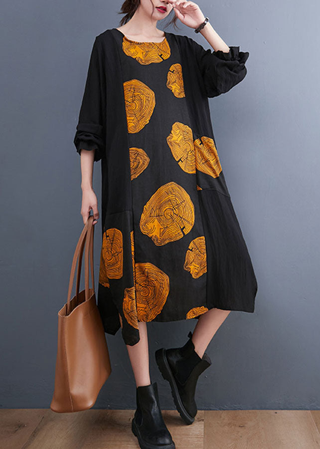 Yellow Patchwork Pockets Print Fall Dress Long Sleeve