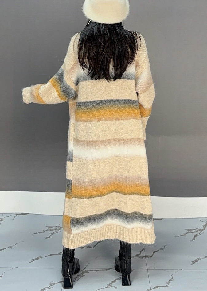 Yellow Striped Pockets Knit Long Cardigan Spring