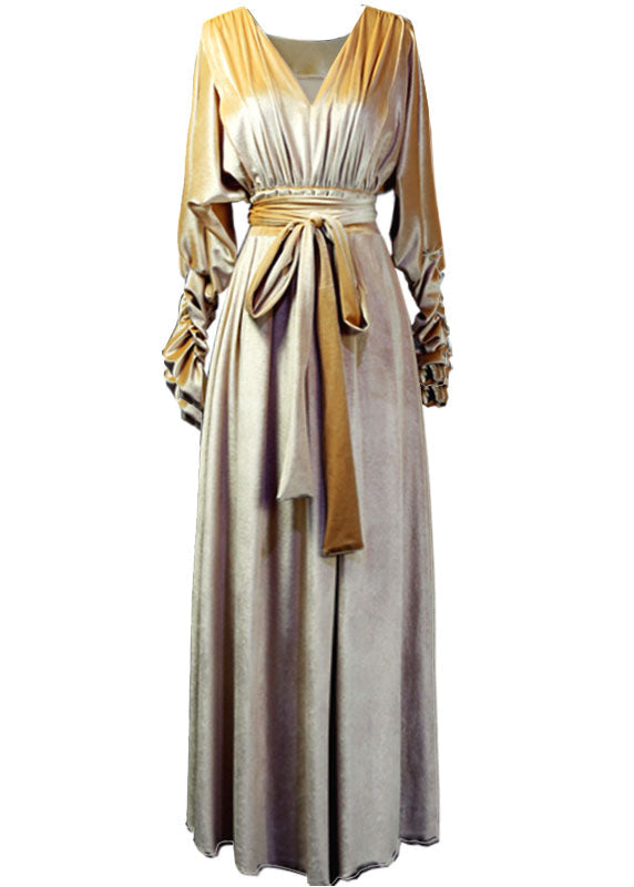 Yellow V Neck Exra Large Hem Silk Velour Cinch Long Dresses Long Sleeve