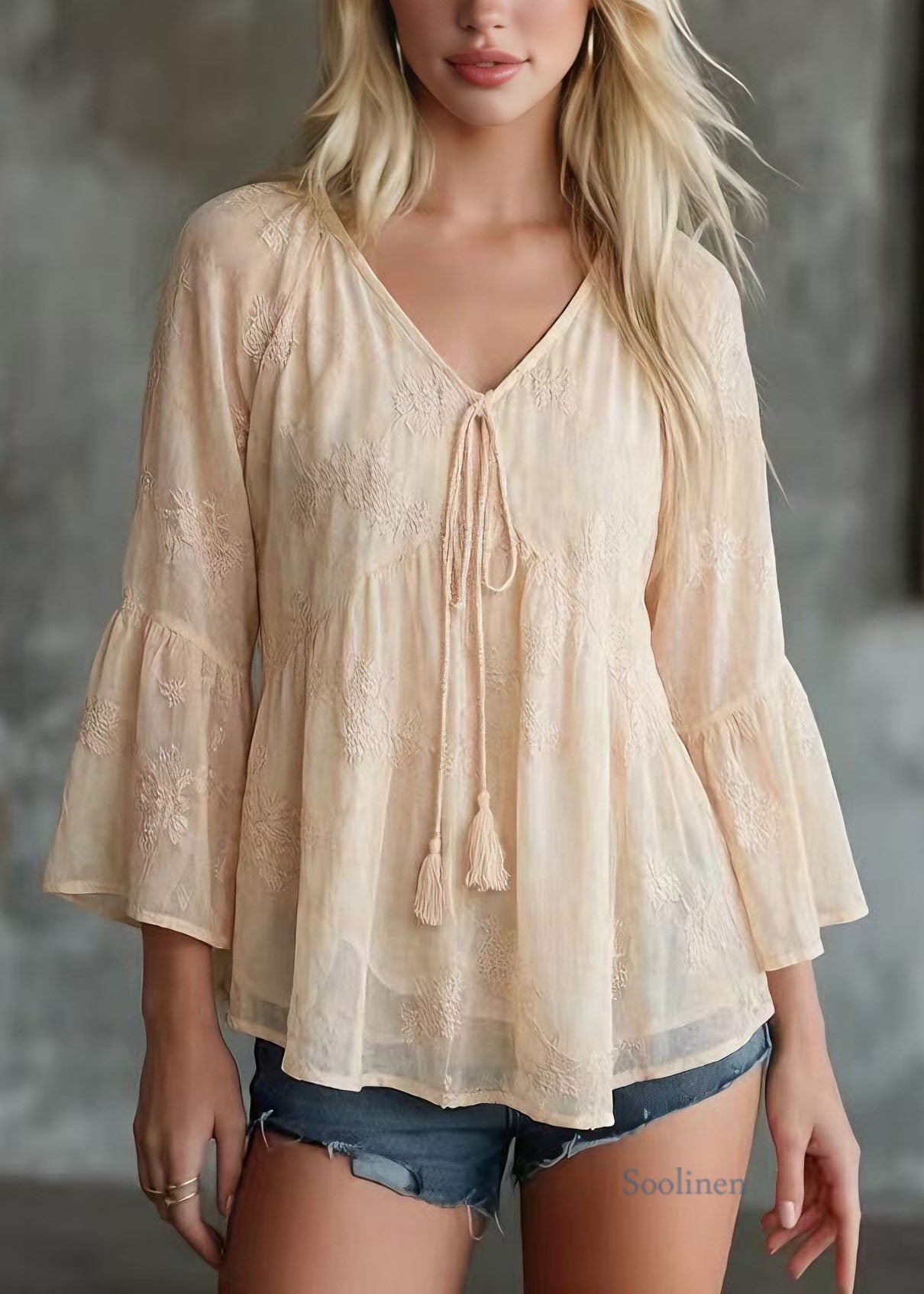 Yellow V Neck Patchwork Chiffon Top Bracelet Sleeve