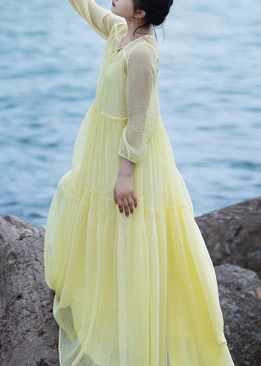 Yellow V Neck Patchwork Chiffon Vacation Long Dresses Spring