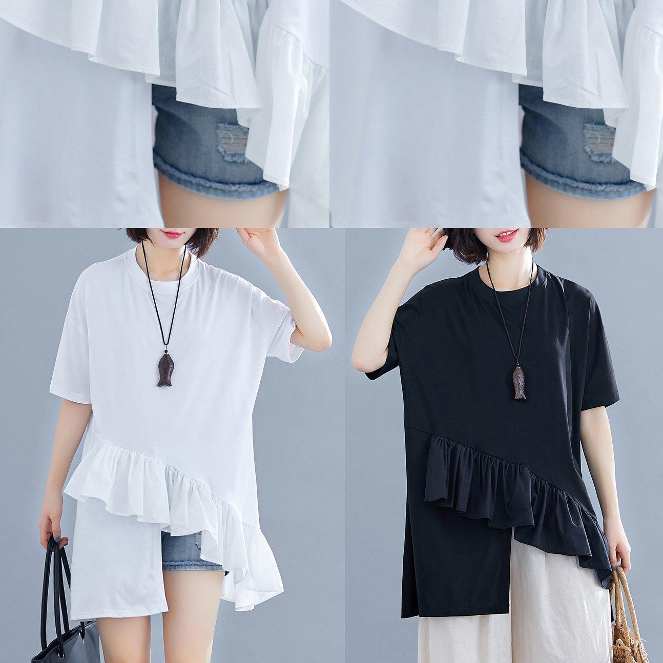 Black Cotton Clothes for Ruffles Asymmetric Midi Summer Blouses