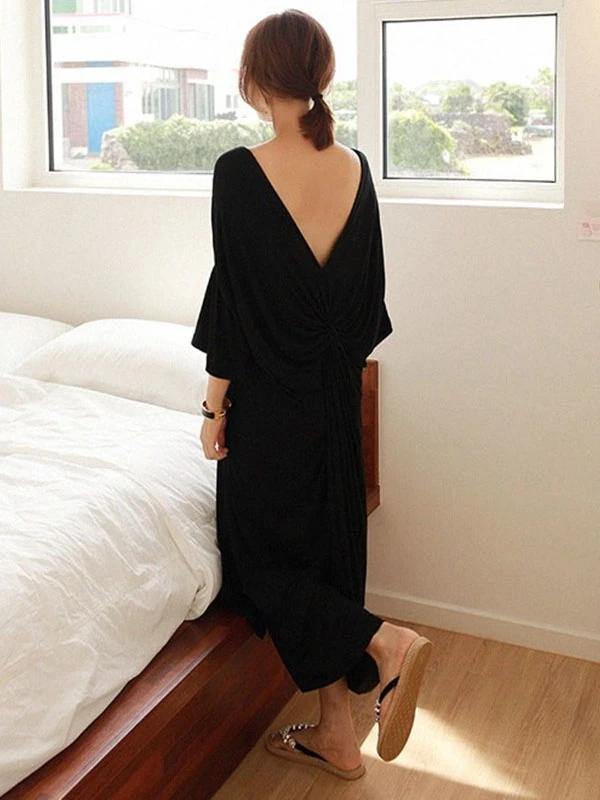 Black Cotton Dresses O Neck Cinched Kaftan Summer Dresses