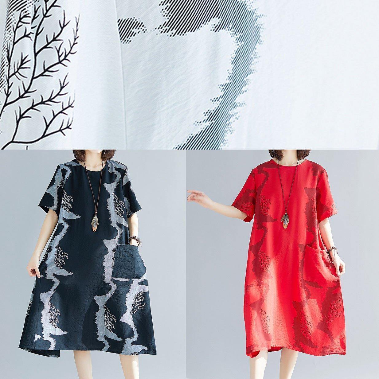 Black Prints Cotton Quilting Clothes Big Pockets Summer Dress