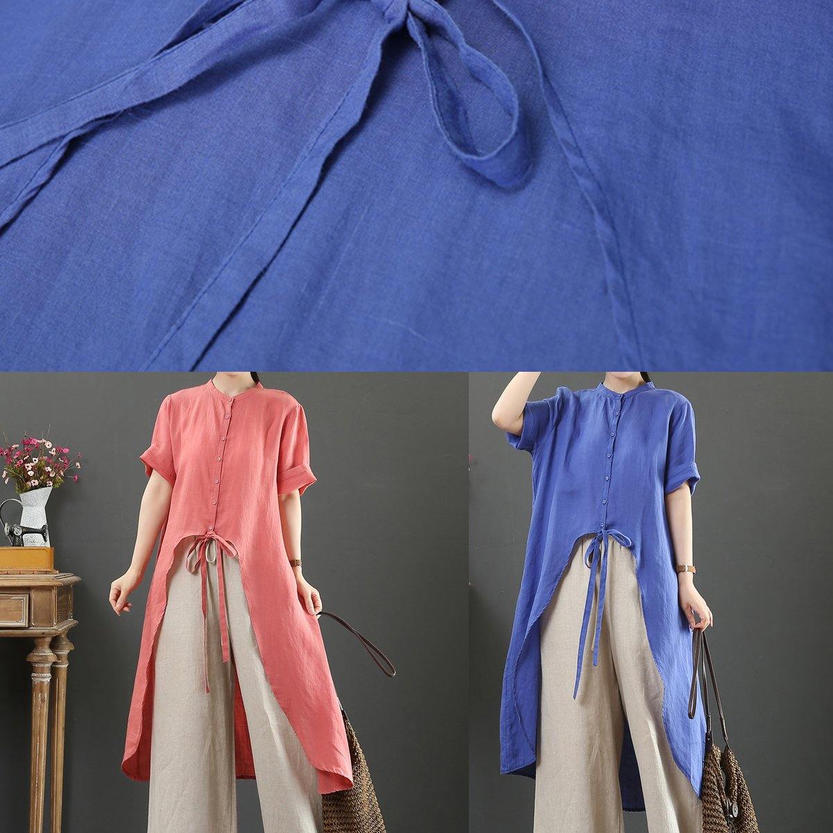 Blue Linen Clothes Stand Collar Asymmetric Knee Blouses
