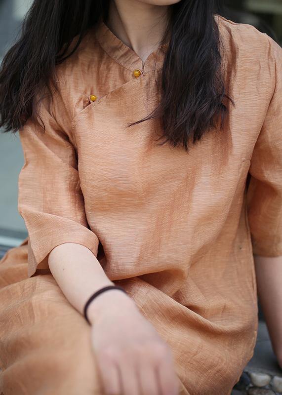 Brown Linen Outfit Stand Collar Side Open Art Dress