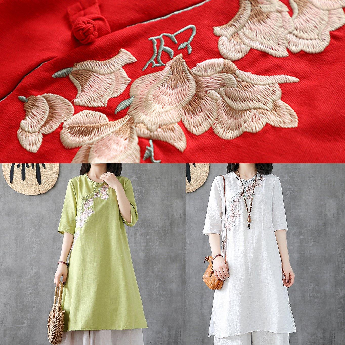 Embroidery Chinese Button Linen Catwalk Green Dress