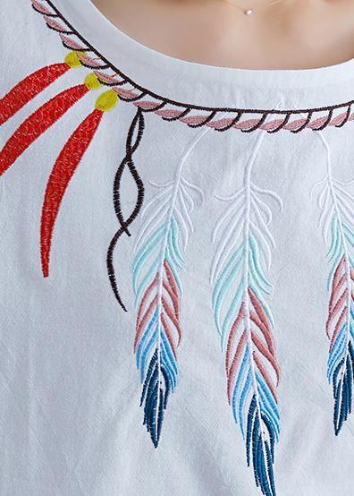 Embroidery Linen Crane Tops Neckline White Shirts Summer