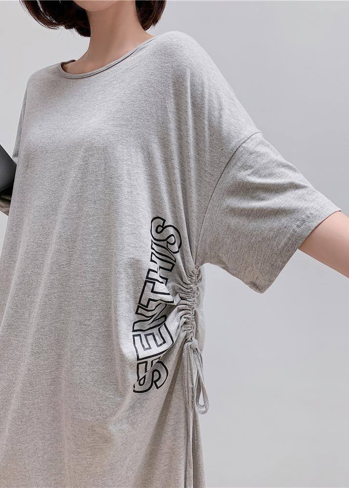 Gray Letter Outfit O Neck Drawstring Robe Dress
