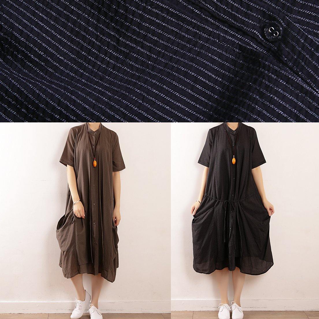 Gray Striped Cotton Soft Surroundings Stand Collar Pockets Clothing V Neck Dress