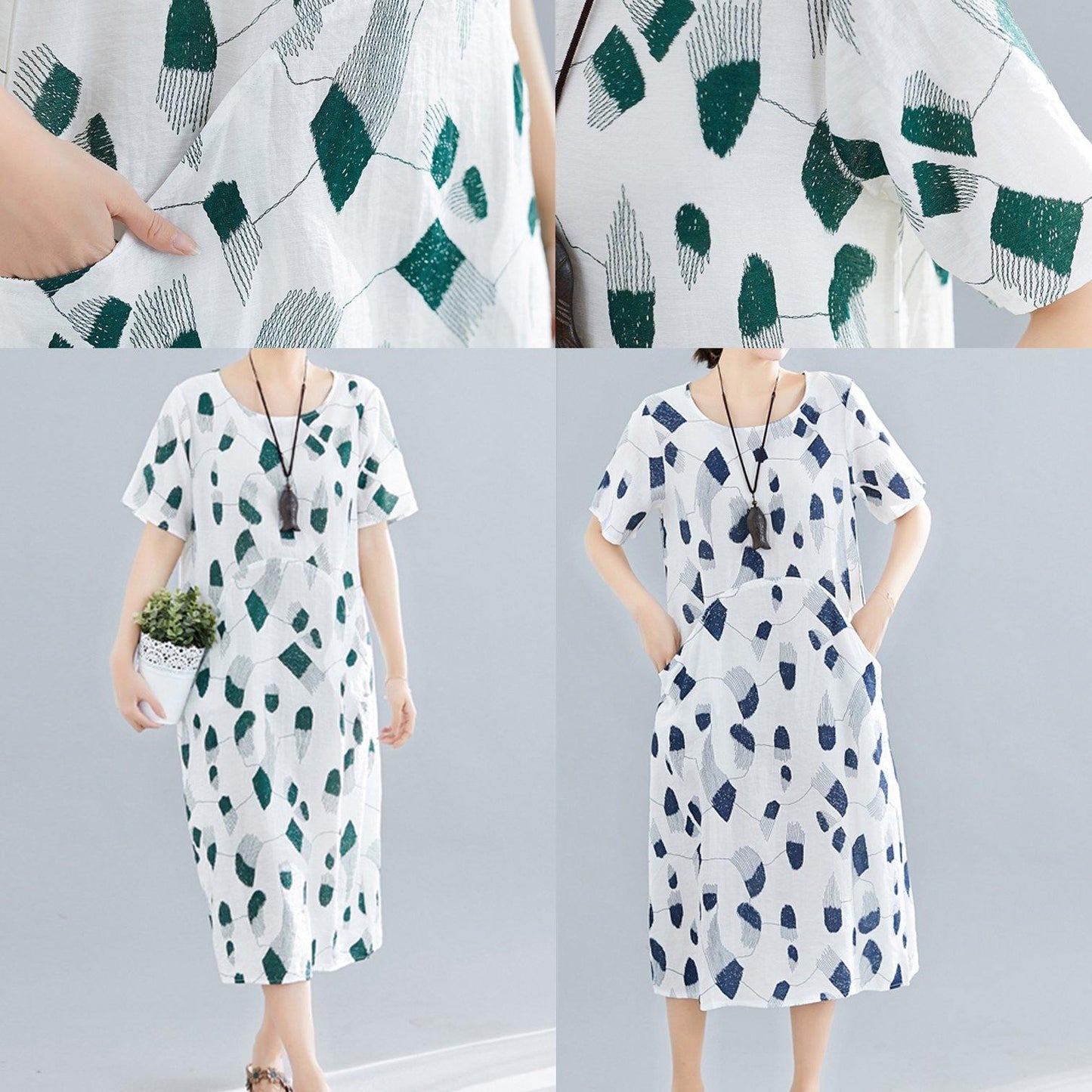 Green Print Linen Cotton Robes O Neck Pockets Long Summer Dress